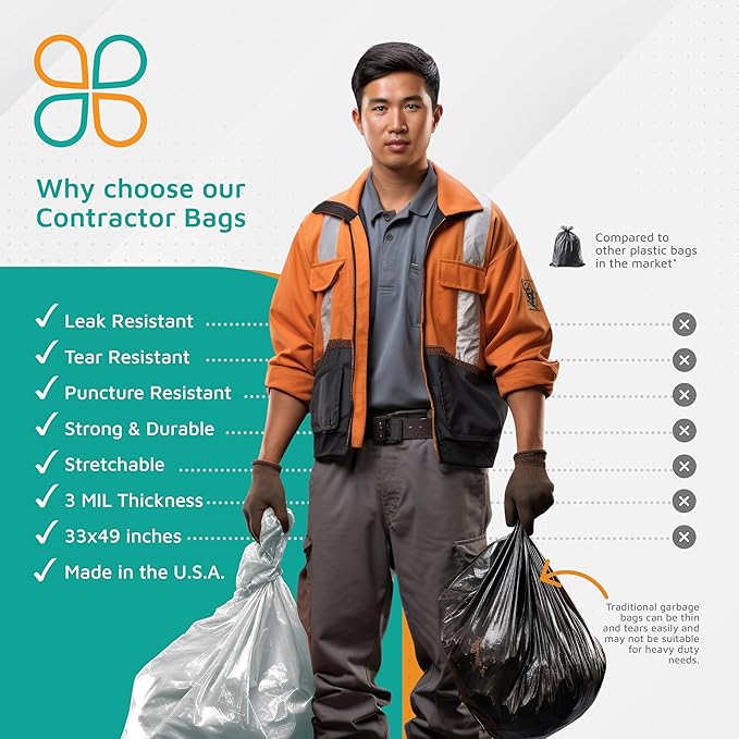 PlasticMill Contractor Bags Heavy Duty - Commercial Industrial Garbage Bags - Clear Construction Trash Bags - Outdoor Garden Trash Bags 42-Gallon 3 Mil 33x49 (50-Count)