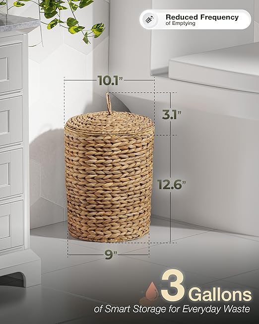 BLUEWEST 3 Gallons Wicker Trash Can with LidHandwoven Rattan Trash Can Woven Decorative Wastebasket Wicker Waste Basket with Removable Plastic Inner Bin for Bathroom Bedroom Office or Kitchen