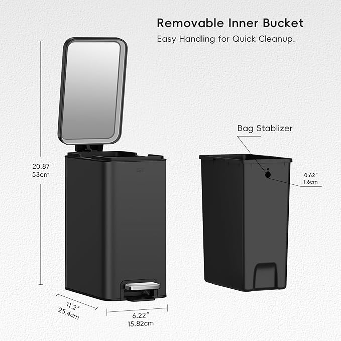 EKO Small Bathroom Trash Can with Lid Soft Close Step Pedal 6 Liter / 1.6 Gallon Stainless Steel Garbage Can with Removable Inner Bucket Anti-Fingerprint Finish (Matte Black)