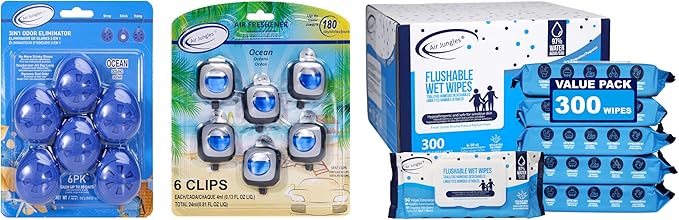 Air Jungles Home &amp Car Essentials Bundle – Ocean Scent Odor Eliminator Balls (6 Count) Car Vent Clips (6 Pack) and Flushable Wipes (6 Packs 300 Wipes) – Air Freshener &amp Cleansing Set