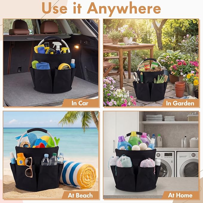 LemonRoad 4 Pack Cleaning Caddy with Handle 17L Foldable Cleaning Supplies Organizer Oxford Cloth Storage Basket with 6 Pockets &amp Soft Grip Portable Multi Bucket Bag for Home Garden (Black)