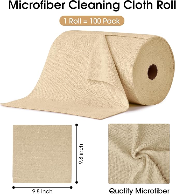 KitchLife Microfiber Cleaning Cloth Roll 100 Pack - Tear-Away Microfiber Paper Towels Lint-Free Reusable Washable for Kitchen Car Dishes and Sensitive Surfaces (Wheat)