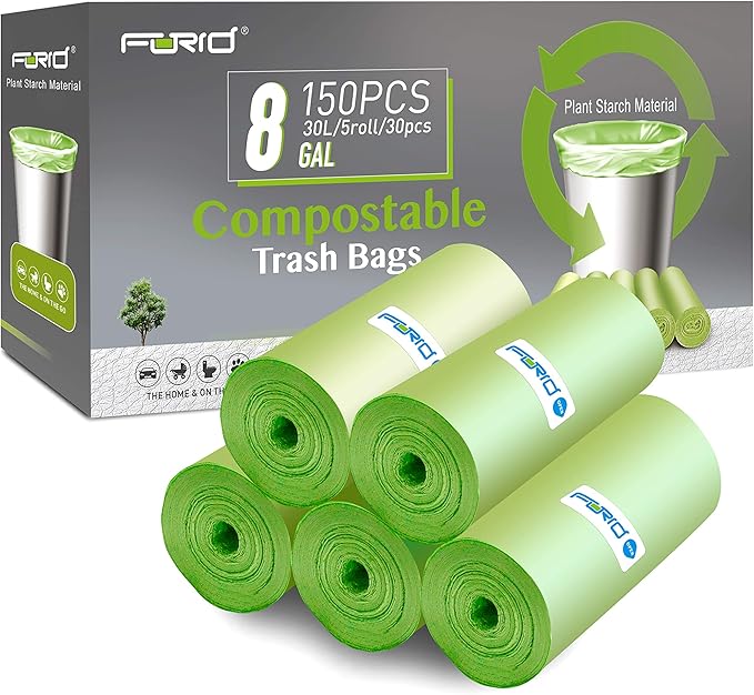 Compostable Trash Bags - FORID 8 Gallon Garbage Bags 150 Count Trash Can Liners 30 Liter Unscented Medium Wastebasket Bags for Kitchen Bathroom Home Office Garbage Can (5Rolls/Green) - Durable &amp T