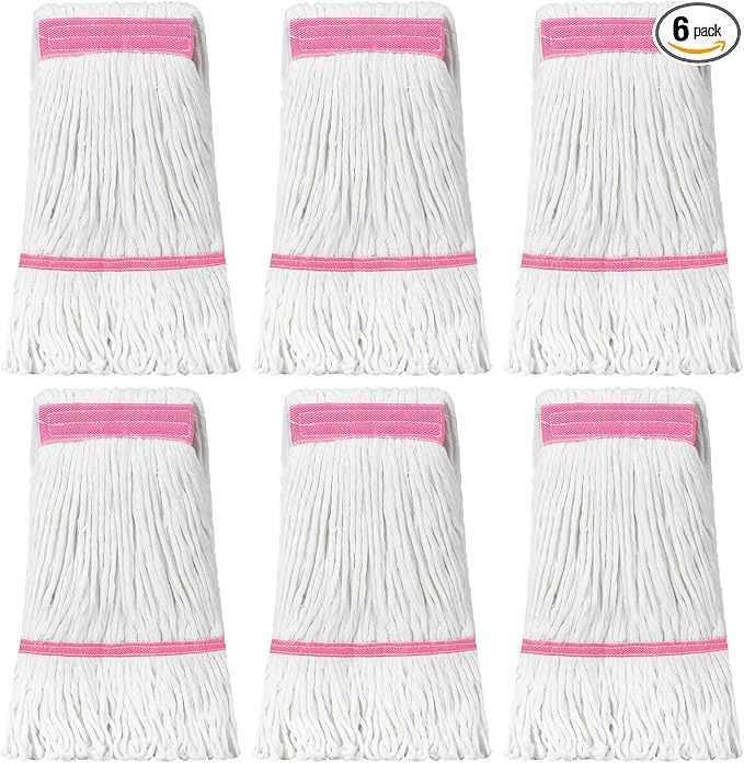 Eccliy 6 Pack Heavy Loop End Cotton String Mop Head Heavy Duty Mop Head Commercial Refills Replacement Bulk for Home Industrial Commercial Floor Cleaning (WhitePink)