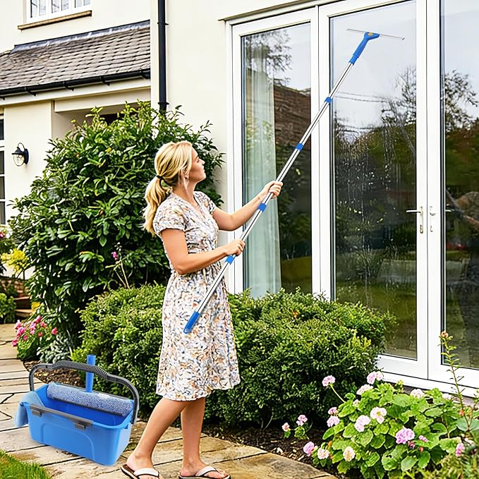 Professional Window Cleaning Kit with Bucket 3 Gallon 76 Long Handle Window Squeegee and Microfiber Scrubber High Windows Washing Equipment Window Cleaner Tool for Commercial Home Outdoor Car