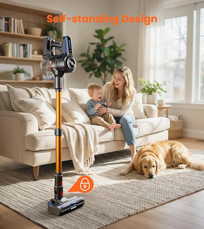 NADALY Cordless Vacuum Cleaner 500W 40KPA Stick Vacuum with 45min Runtime Anti-Tangle Self-Standing Vacuum Cleaners for Home Lightweight Vacuum for Hardwood Floor/Carpet/Pet Hair Bronzed Gold