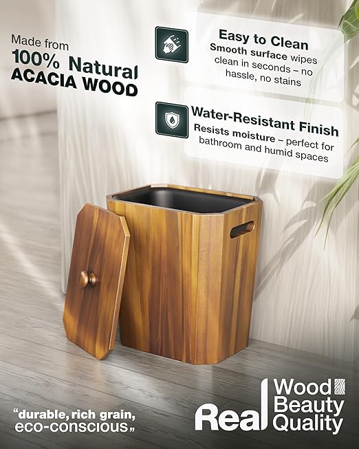 BLUEWEST 2.6 Gallons Acacia Wooden Wastebasket with Lid &amp Plastic Bin – Small Trash Can for Bathroom Bedroom Office – Decorative Wood Bin with Handle for Under Counter Use