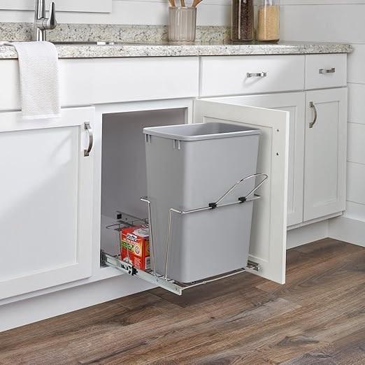 Rev-A-Shelf 32 Qt Pullout Kitchen Cabinet Metal Wire Sliding Universal Trash Can with Rear Basket for Waste Disposal and Organization RUKD-1432RB-1