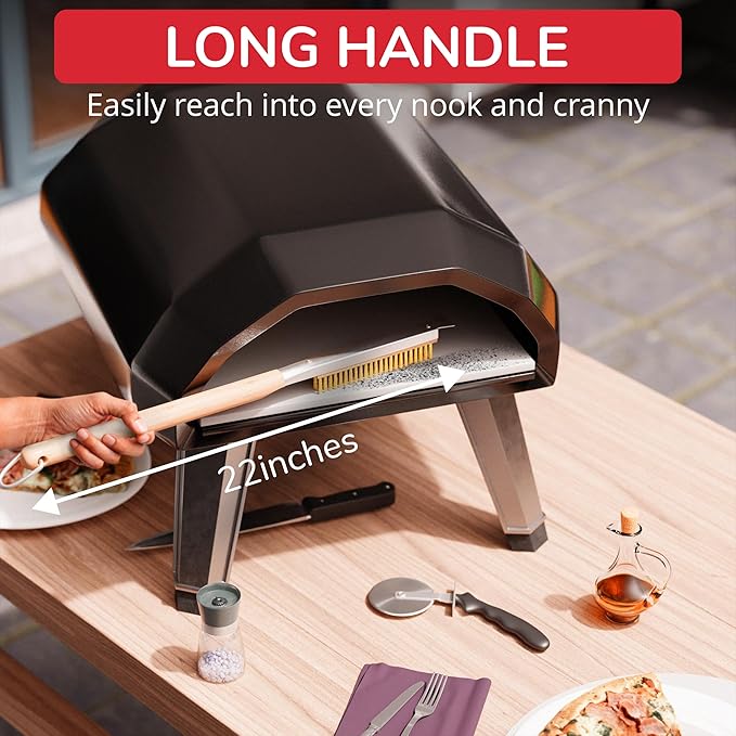22” Pizza Oven Brush with Stone Scraper - Heat Resistant Stainless Steel Bristles Extra Long Handle - Universal Fit for Most Pizza Ovens