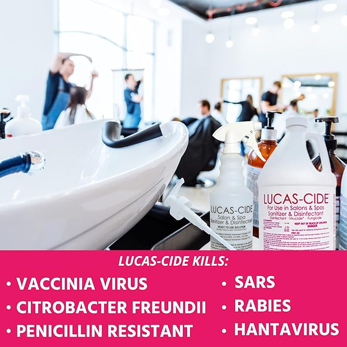 LUCAS-CIDE Salon and Spa Disinfectant 1 Gallon (Pink) Bundle with Pump &amp Leak Proof Empty Spray Bottle (32 Oz.)