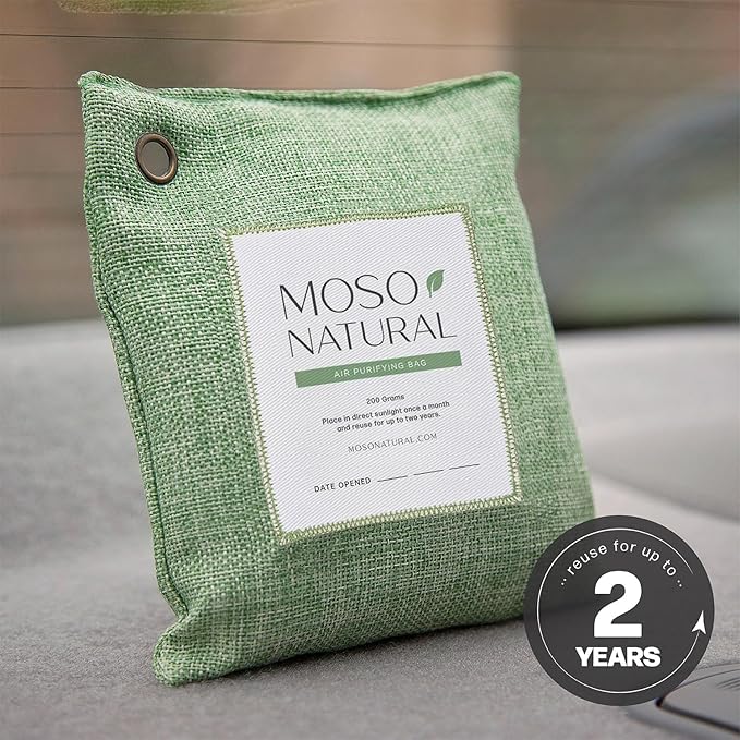 Moso Natural Air Purifying Bag 200g (5 Pack). A Scent Free Odor Eliminator for Cars Closets Bathrooms Pet Areas. Premium Moso Bamboo Charcoal Odor Absorber. Two Year Lifespan! (Green)
