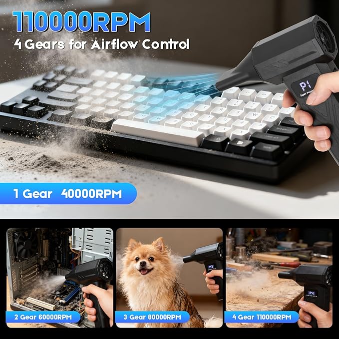 Compressed Air Duster 110000RPM Electric Air Blower with 4-Speed Adjustable &amp LED Light Rechargeable Fast-Charging for Computer Keyboard Electronics Car Home &amp Outdoor Cleaning