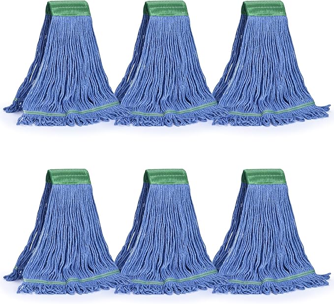 Matthew Cleaning Commercial Mop Head Replacement 5 Inch Wide Headband Looped End Cotton Blend String Wet Mops for Floor Cleaning 28 oz Extra Large 6-Pack Blue