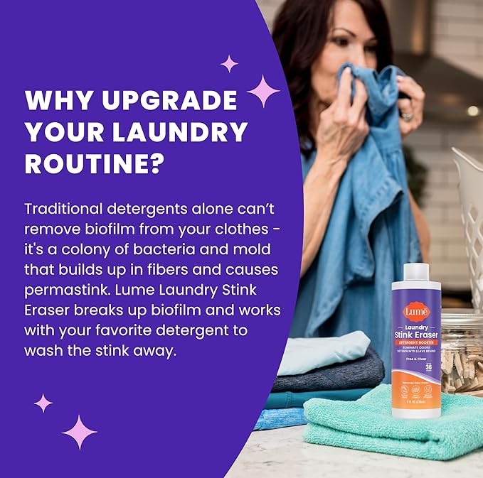 Lume Laundry Stink Eraser - Detergent Booster &amp Sink Soak - Eliminates Body Odor In Clothes - Odor Blasting Enzyme Blend - Makes Your Detergent Work Better - Free And Clear - 8 fluid ounces (2 Pac
