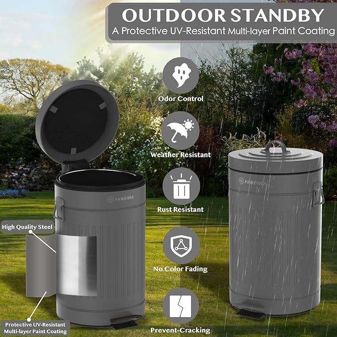 PAWZIDEA Dog Poop Trash Can Outside Odor Control 3.1Gallon Large Pet Poop Can Outdoor with Lid No Smell Waterproof Pet Waste Trash Can Dog Waste Station Step Garbage Can Bin Container BackyardGrey