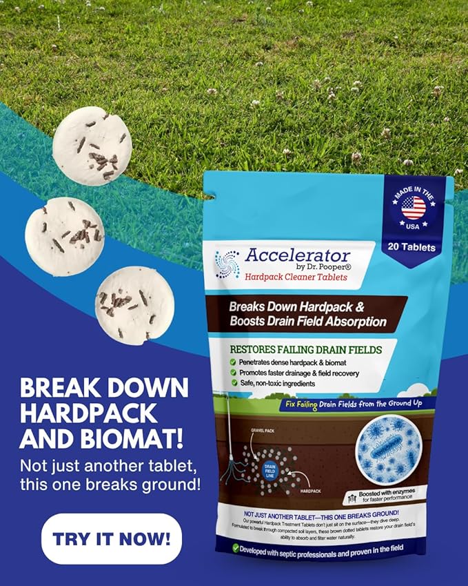 Accelerator by Dr. Pooper® – Hardpack Cleaner Tablets for Septic Systems | Breaks Down Hardpack &amp Boosts Drain Field Absorption | 20 Tablets - Use with our tool kit — available separately