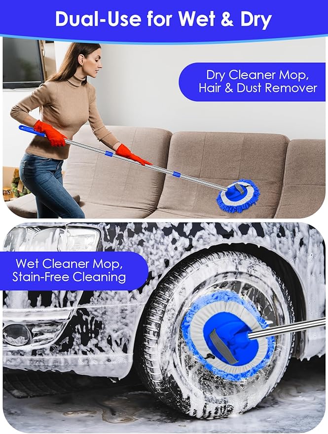 2 in 1 Lightweight Wall Cleaner Mop with Long Handle 75 190cm Lint-Free Duster Cleaning Tool 2 Replacement Microfiber Chenille Pads for Kitchen Baseboard Ceiling Floor Window Door Scrubber BrushBlue