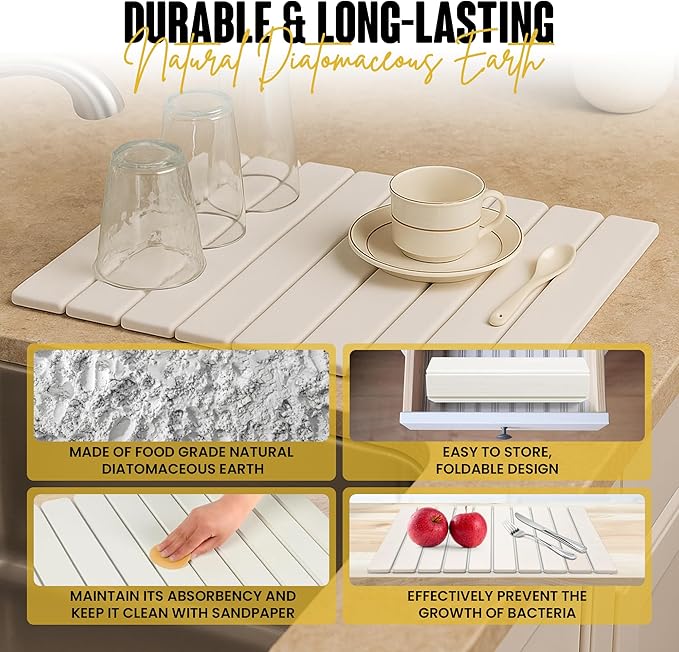 Large Stone Dish Drying Mat for Kitchen Counter Instant Drying Pad Super Absorbent Foldable Dish Drying Mat 24×16 White