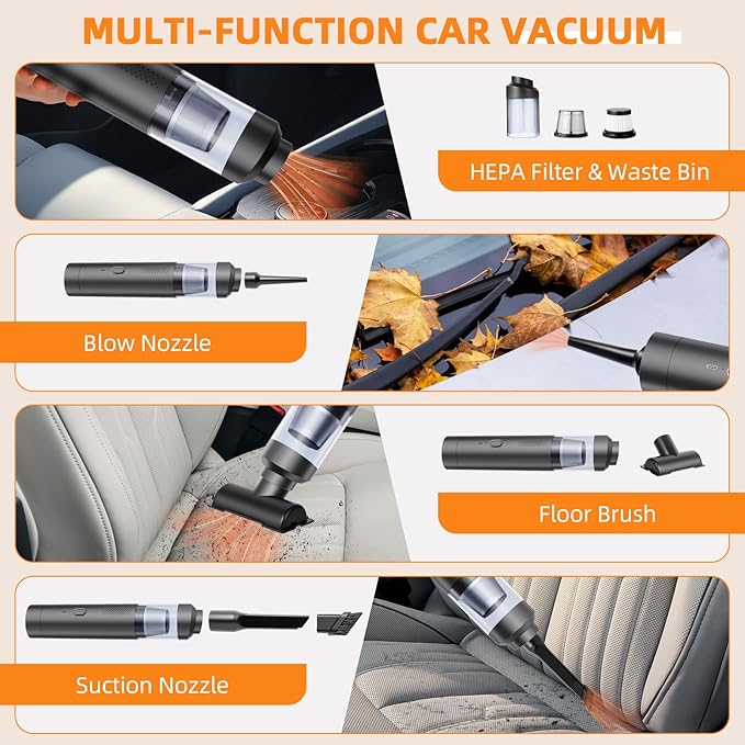 Car Vacuum Portable Cordless 19000Pa Powerful Suction 4-in-1 Mini Vacuum Cleaner Rechargeable Type-C Wireless Handheld Vacuum for Car Office Desk &amp Home