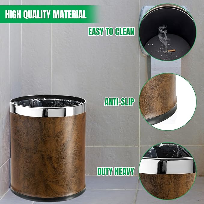 'Invisi-Overlap' Open top Leatherette Trash Can Small Office Wastebasket Modern Home Décor Round Shape (Brown)
