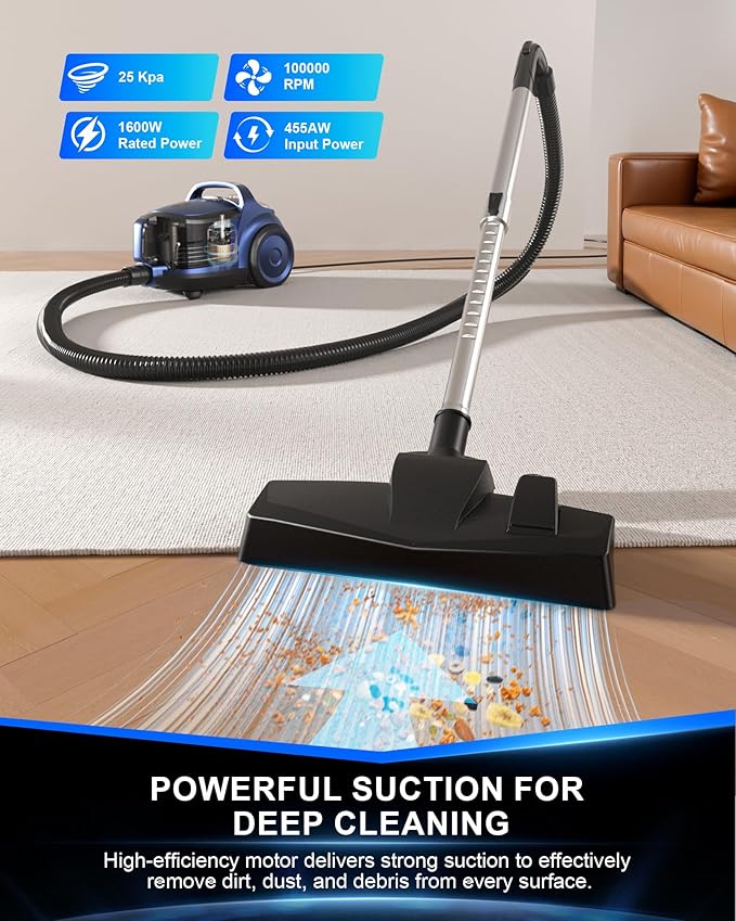 Bagless Canister Vacuum Cleaner1600W Powerful High-Suction Bagless Canister Vac with 4.5QT Dust CupPop-N-Go BrushHEPA FilterDual Motors&amp4 Cleaning ToolsPerfect for Low-Pile Carpets&ampHard F