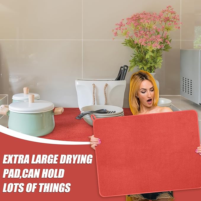 Hushee 2 Pack Extra Large Dish Drying Mat Microfiber Absorbent Dish Drying Pad Large Size Dishes Drainer Mats for Countertop Sink Refrigerator or Dryer (30 x 24 InchRed)