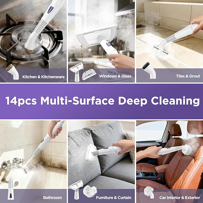 Steam Cleaner HandheldPortable Detail Steamer for Car with 13-piece Kit230°F Steaming for BathroomGroutTile&ampShowerMini Cleaner Running the Boiler at 25 psiSafety Valve Splash-Free
