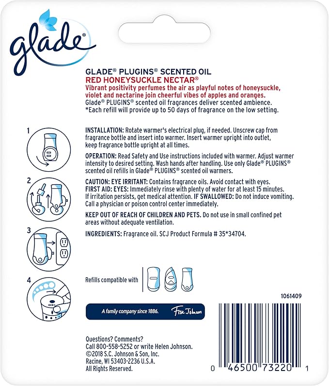 Glade PlugIns Refills Air Freshener Scented and Essential Oils for Home and Bathroom Red Honeysuckle Nectar 1.34 Oz 2 Count ( One Pack)