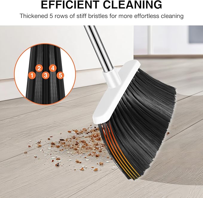 NACENA Broom and Dustpan Set 52-in Long Adjustable Handle Broom Dustpan Combo with Dustpan Teeth to Automatically Clean Hair Suitable for Home Kitchen Office Hall Floor (Grey&ampWhite) 4 Pack
