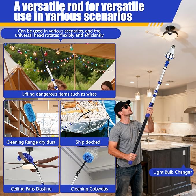 20FT Light Bulb Changer for High Ceilings with 5-12FT Heavy Duty Extension PoleHigh Ceiling Fan Duster Extendable Reusable CobwebFeatherWindow Cleaning Squeegee Kit for Home &amp HouseInterior Ro