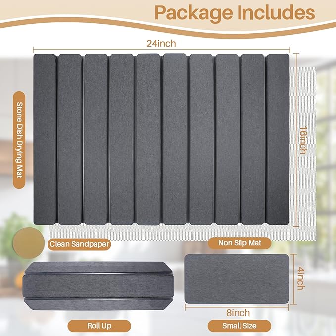 2 PCS Quick Dry Stone Dishes Mats for Kitchen CounterCollapsible Quick Drying Dish MatsUltra Absorbent Diatomaceous Earth Mats for Dishes Bottles Cups Match Any Countertop（Dark Gray 24×16&amp 8