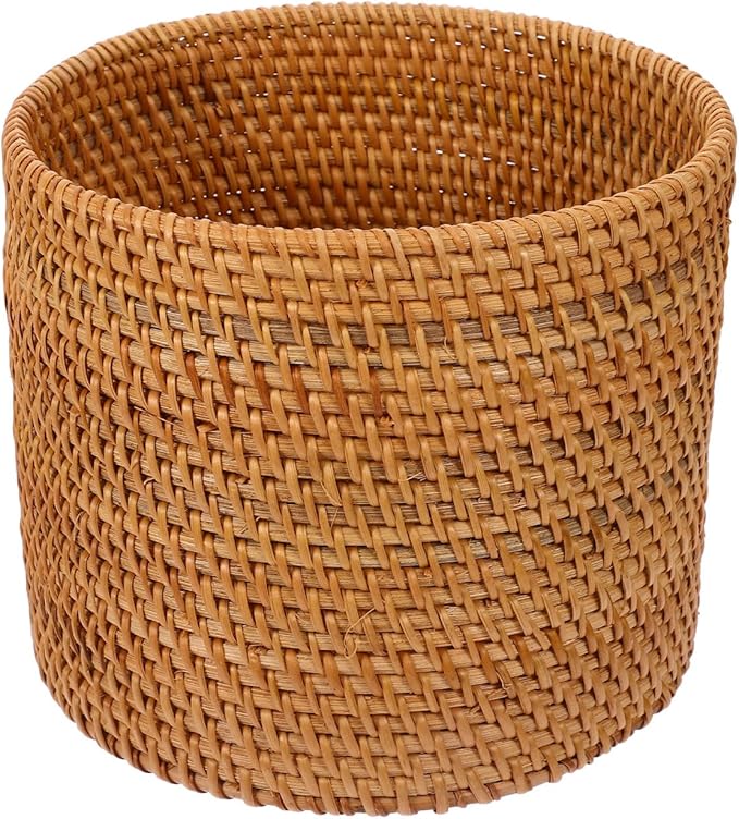 Mikikit Round Rattan Trash can Small Decorative Wicker Basket for Home Storage Desktop Organizer 6.6 Inch Fruit Vegetable Basket