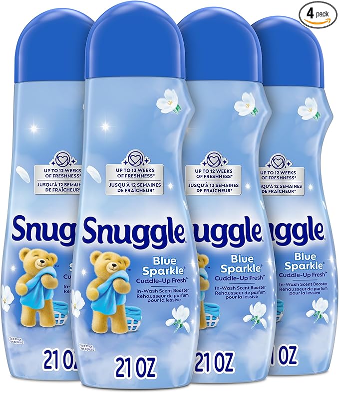 Snuggle In Wash Scent Booster 21 Oz Pack of 4 Blue Sparkle Laundry Beads for Long-Lasting Freshness Fragrance Enhancer for Clothes Bedding &amp Activewear HE Safe