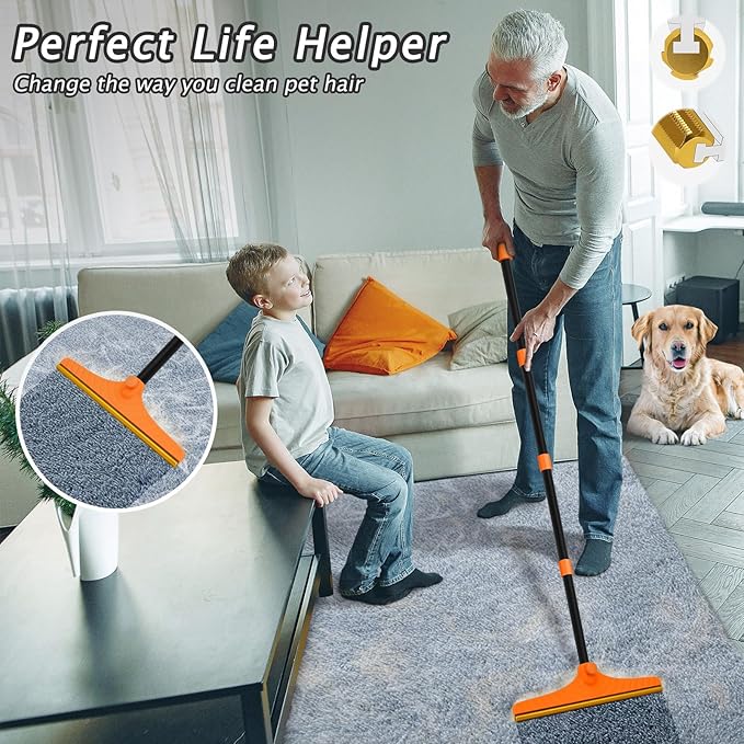 Carpet Rake for Pet Hair Removal - Reusable Pet Hair Remover 60” Adjustable Long Handle Cat Dog Carpet Rake Scraper Dog Hair Rake Brush for Rugs Mats Couch