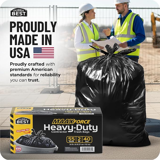 MAAXForce 55 Gallon Contractor Trash Bags with Flap Ties | 2 Mil Heavy-Duty Black Garbage Bags | Leak-Proof &amp Puncture-Resistant | Made in USA | 36 x 56 Large Construction &amp Yard Bags (40-Co