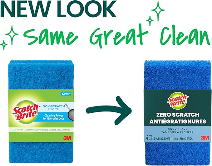 Scotch-Brite Zero Scratch Scouring Pad Effective + Gentle Dish Scrubber for Household Cleaning 48 Scrub Pads for Dishes Nonstick Pots and Pans Glass Tubs Showers Reusable &amp Durable