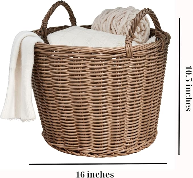 Joseph Round Cone Woven Resin Wicker Basket with Handles (16 x 16 x 10.5 - Chocolate Brown) - Perfect for Halloween Thanksgiving and Everyday Storage