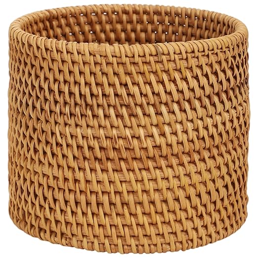OMISTAR Rattan Trash Can Hand-Woven Small Waste Basket with Open Top Rustic Brown Cylindrical Shape Lightweight Trash Basket for Bathroom Bedroom Office 6.7 x 5.5 x 6.7 in