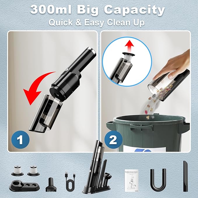 Handheld Vacuum Cordless10KPA Powerful Suction Car Vacuum with 2-Speed Vacuum Cleaner with Charging Dock Portable Lightweight 4-in-1 Mini Hand Held Vacuum for Car Home Pet Office and Pet Hair
