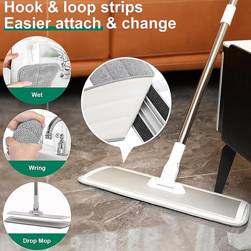 18 Professional Microfiber Mop Floor Cleaning System Flat Mops with Stainless Steel Handle 4 Reusable Washable Mop Pads Wet and Dust Mopping for Hardwood Vinyl Laminate (White&ampGrey)