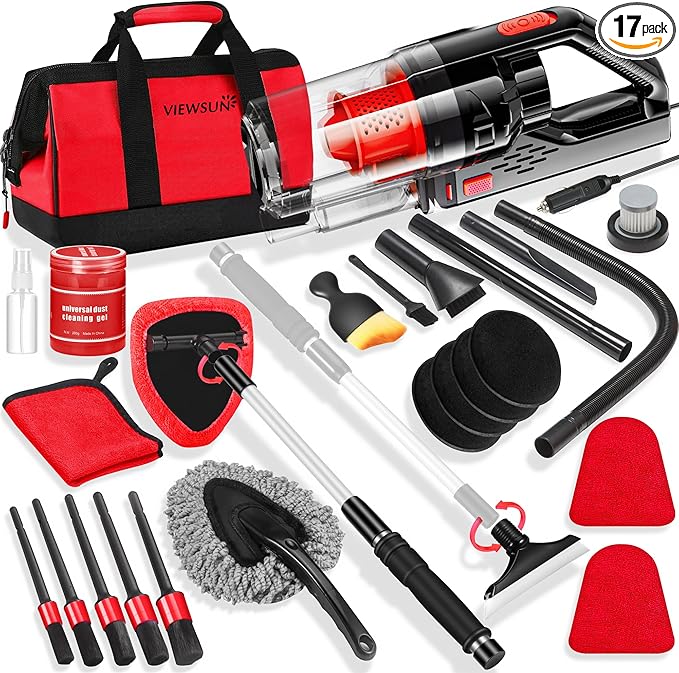 Viewsun 17PCS Car Cleaning Kit Red Car Interior Detailing Kit with High Power Handheld Vacuum Detailing Brush Set Windshield Cleaner Cleaning Gel Complete Auto Accessories for Women Girls Gift