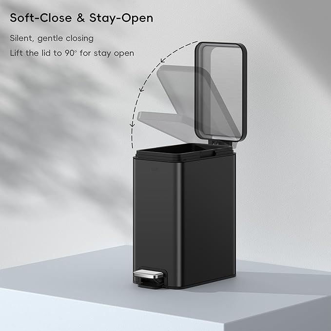 EKO Small Bathroom Trash Can with Lid Soft Close Step Pedal 6 Liter / 1.6 Gallon Stainless Steel Garbage Can with Removable Inner Bucket Anti-Fingerprint Finish (Matte Black)