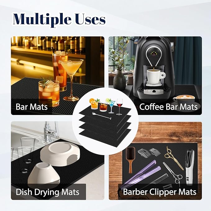 4 Pack Rubber Bar Mats for Countertop 18x12 Inch Black Silicone Bar Coffee Mat for Bartending Dish Drying Matt Home Bars Counter Cocktail Non Spill Mat for Bartender Bar Service Table Top Accessories