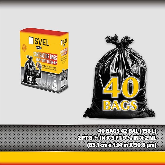 Heavy Duty Industrial Contractor Bags 42 gallons 2 Mil - 33 x 48 Thick and Tough Trash Bag for Construction Commerical Yard Outdoor use. (40)
