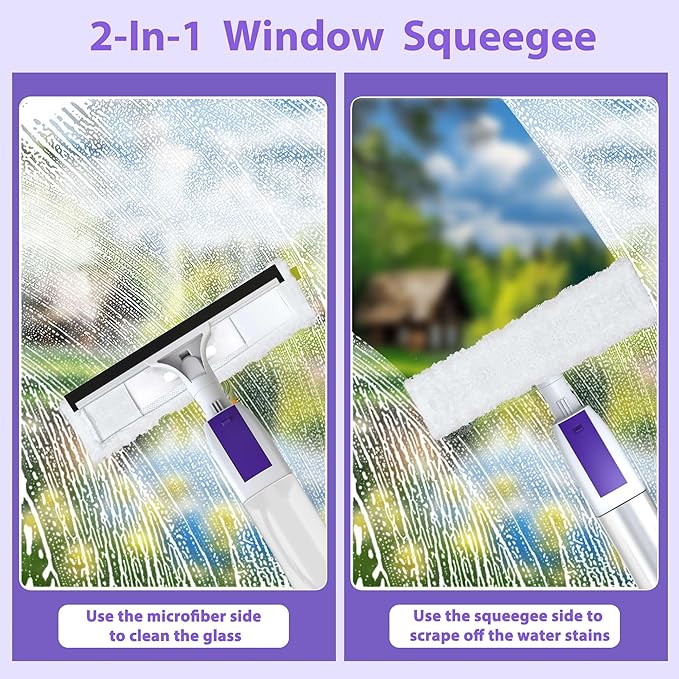 Spray Window Squeegee with 60 Extension Pole Window Cleaning Squeegee Kit- 2-In-1 Squeegee Scrubber 3 Microfiber Cleaning Pad&amp400ML Refill Bottle Multi-Use Squeegee for Home Shower Car Windshi