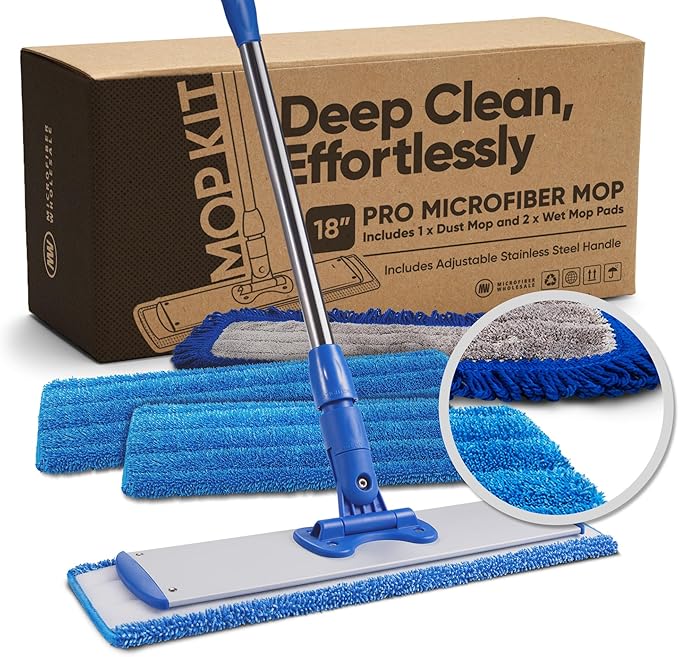 18” Pro Microfiber Hardwood Floor Mop - Cleans Floor in Seconds | Dust &amp Wet Mopping | Hardwood Tile Laminate &amp Vinyl with 3 Washable Pads No Buckets Needed with Deluxe Household Mop