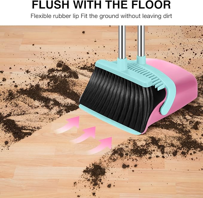Broom and Dustpan Set 52-in Long Adjustable Handle Broom Dustpan Combo with Dust pan Teeth to Automatically Clean Hair Suitable for Home Kitchen Office Hall Floor (Pink&ampBlue) 2 Pack