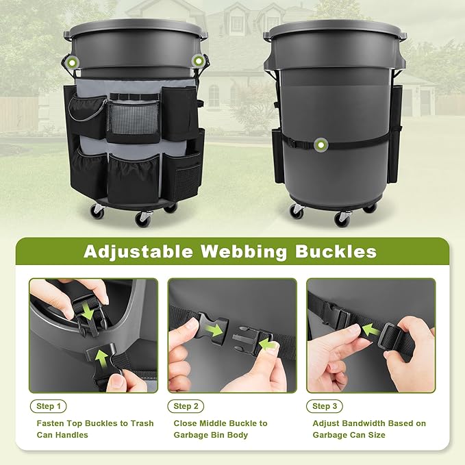 32-55 Gallon Trash Can Caddy Bag Garbage Bin Apron Caddy with Multiple Pockets for Cleaning Supplies Cleaning Tool Organizer with Adjustable Buckle for Janitorial Trash Can Black+Gray
