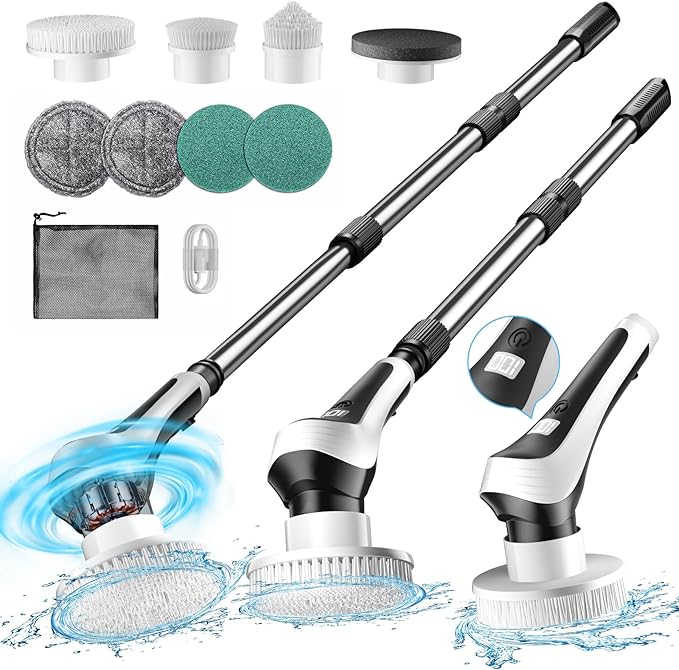 Electric Spin ScrubberCordless Shower Scrubber with Power Display ScreenIP68 Waterproof Bath Cleaning BrushAdjustable Extension Handle &amp 2 SpeedsElectric Cleaning Brush for BathroomKitchenTu