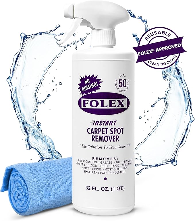 FOLEX Instant Carpet Spot Remover 32 oz – Powerful Stain Remover for Carpets Upholstery &amp Rugs – Eliminates Pet Stains Grease Red Wine Food Makeup &amp More – With Reusable Cleaning Cloth –